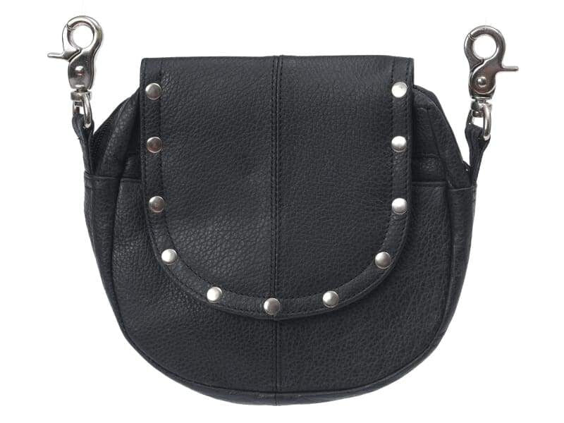 Hip Bag For Women Leather- Black Studded Cow Leather Cross-Body Purse - Bayfield Bags - Biker & Motorcycle Waist Belt This Clip Replaces 