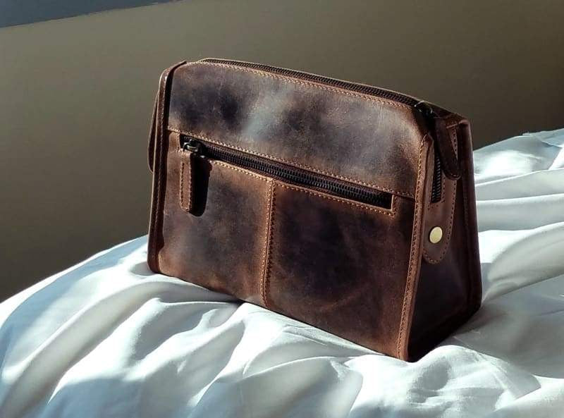 Mens Travel Toiletries Bag –Dopp Kit-Genuine Brown Oiled Leather - Bayfield Bags 