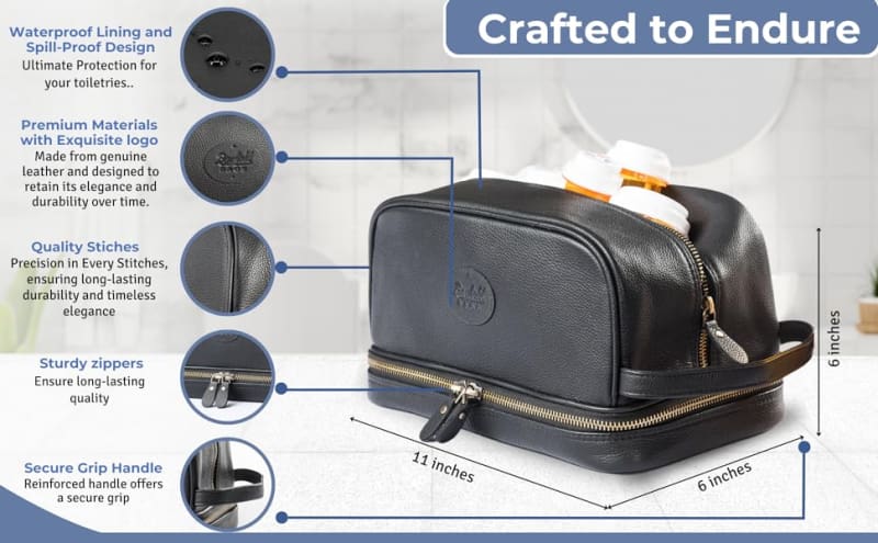Travel Toiletry Bag For Men Extra Large Genuine Cow Leather Dopp Kit (Black) Toiletries - Bags
