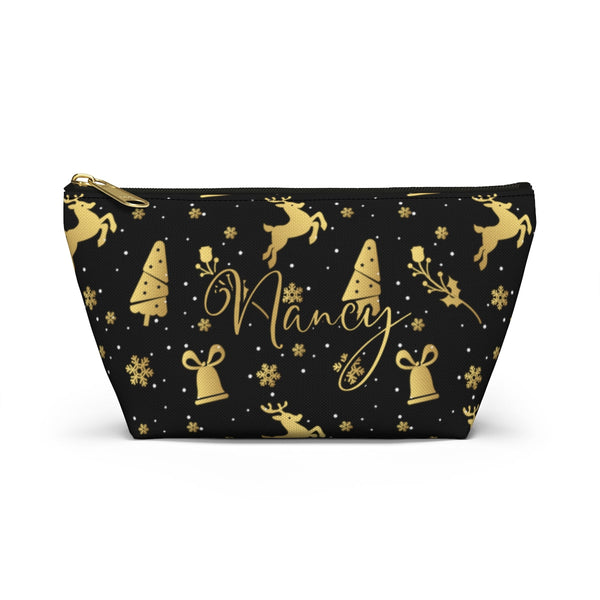Toiletry Bag Women Winter Clipart Golden Girls Gifts Makeup Bell Ornament on Black Zipper Personalized Name Pouch with T-Bottom - Small / 