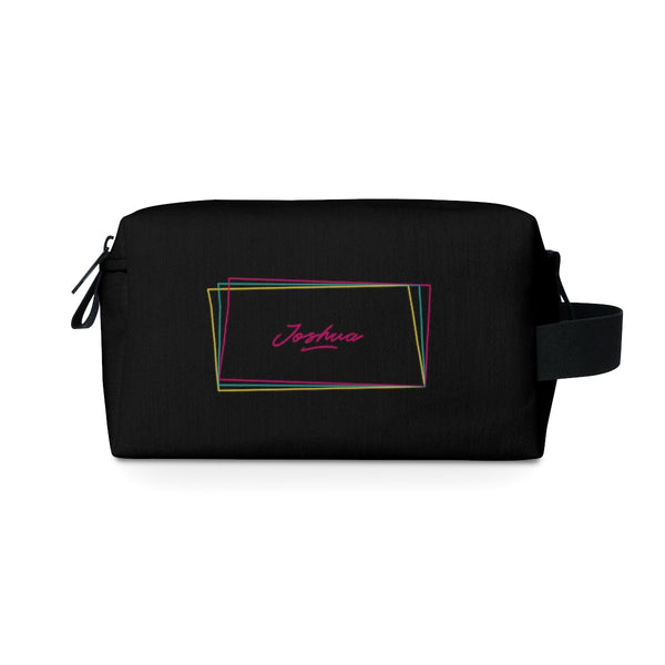 Toiletry Bag Men Personalized Pouch Black Minimalist Monogrammed Dopp Kit with Colorful Neon Squares Custom Name Groomsmen Gift - 7.5” x 4” 