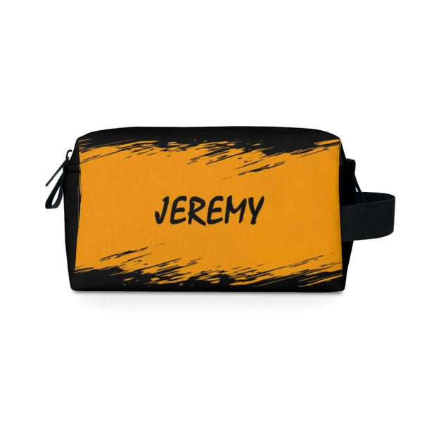 Men Toiletry Bag Personalized Name | Orange Black Custom Dopp Kit for Him Travel Case Organizer Men’s Shaving Husband Gift - 7.5” x 4” 3.8”